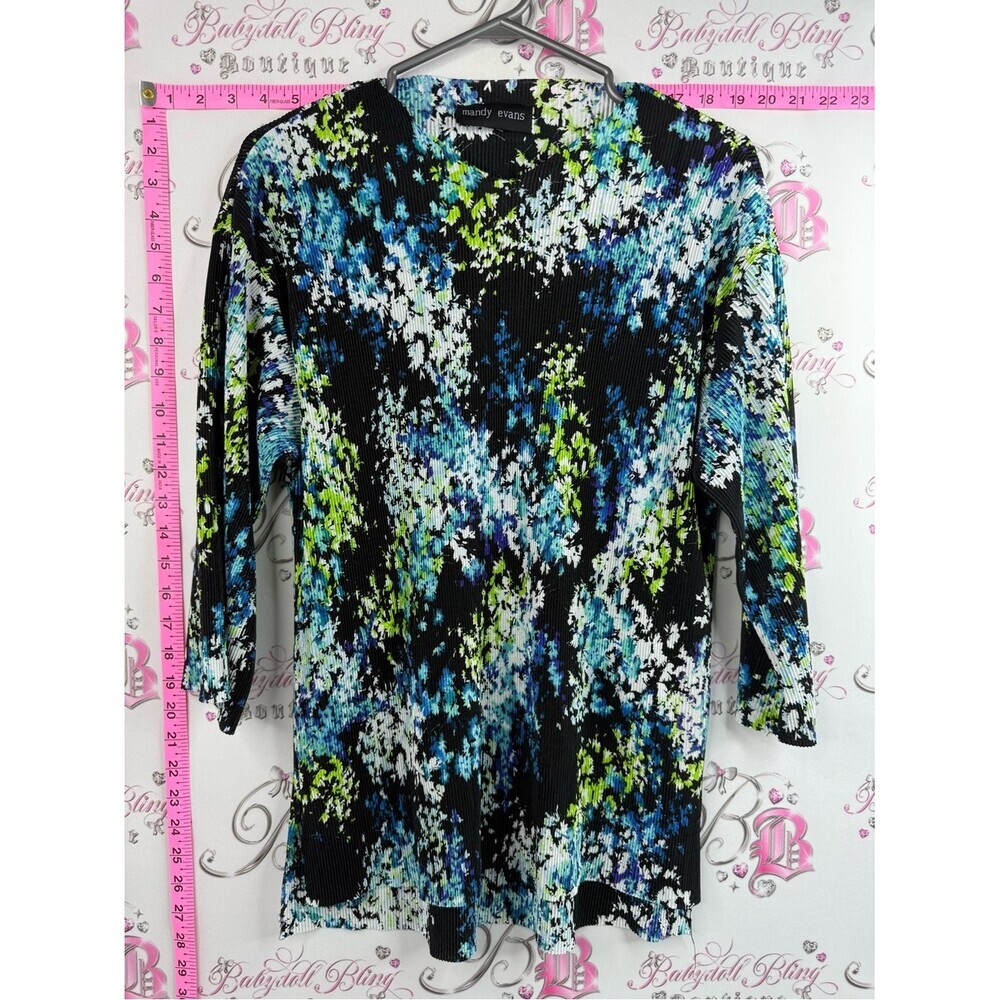 Mandy Evans shirt pleated Black Abstract Floral Ribbed Top - Blue & Green